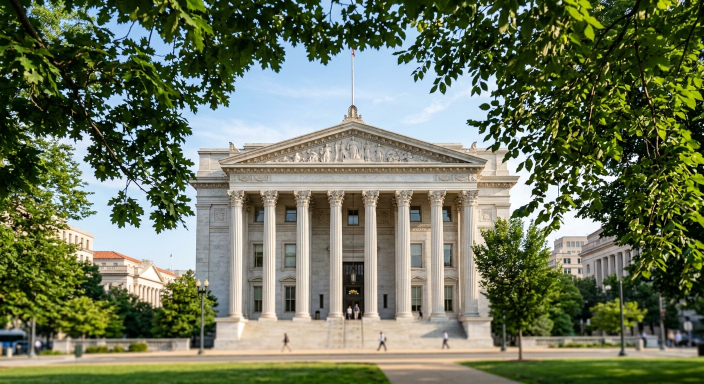 The columned marble facade of a government finance building in Washington, D.C., seen through summer tree branches.