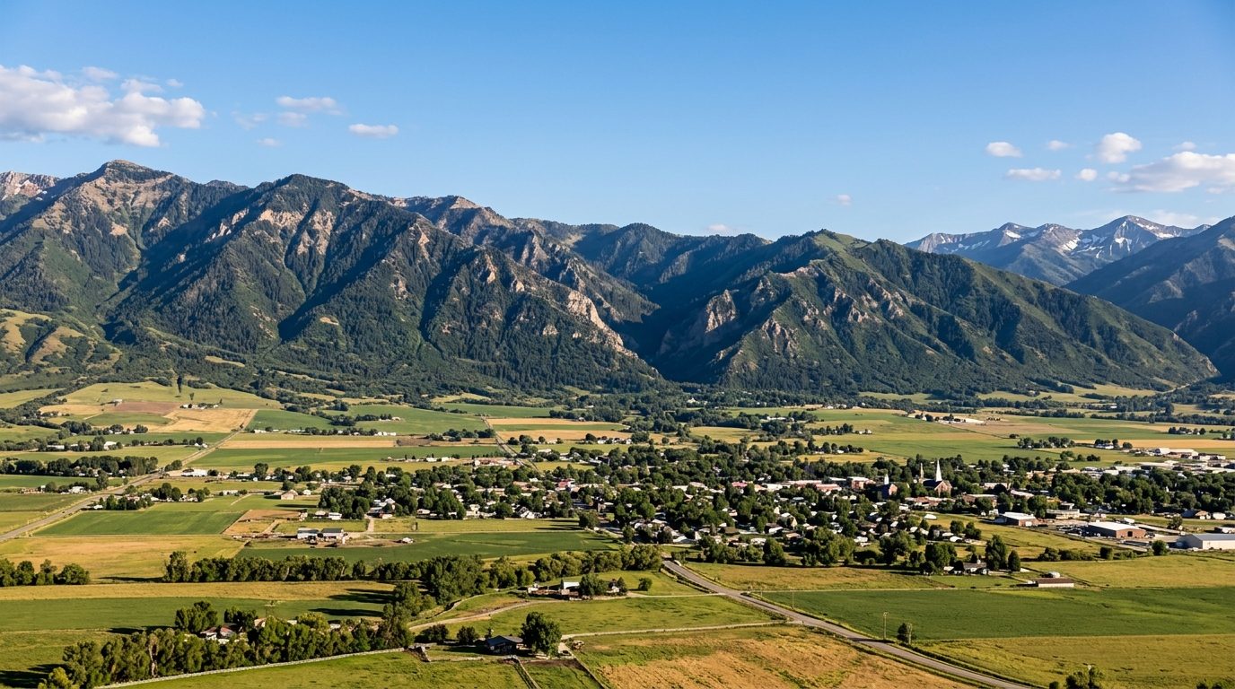 Logan, UT — Cache Valley's patchwork farmland and small-town rooftops set against the steep, forested slopes of the Bear