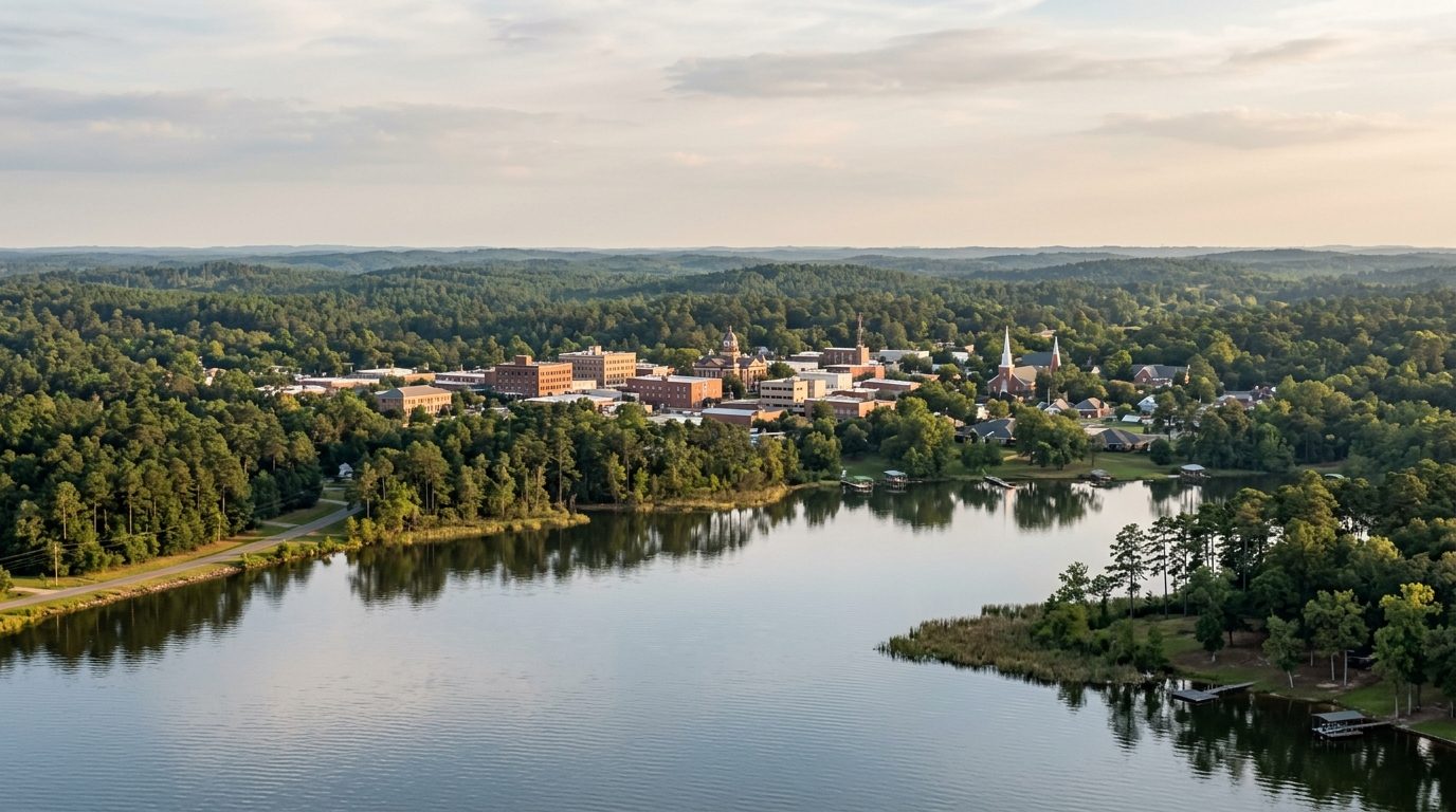 Longview, TX — Small East Texas city skyline surrounded by rolling piney woods forest with a calm lake in the foreground