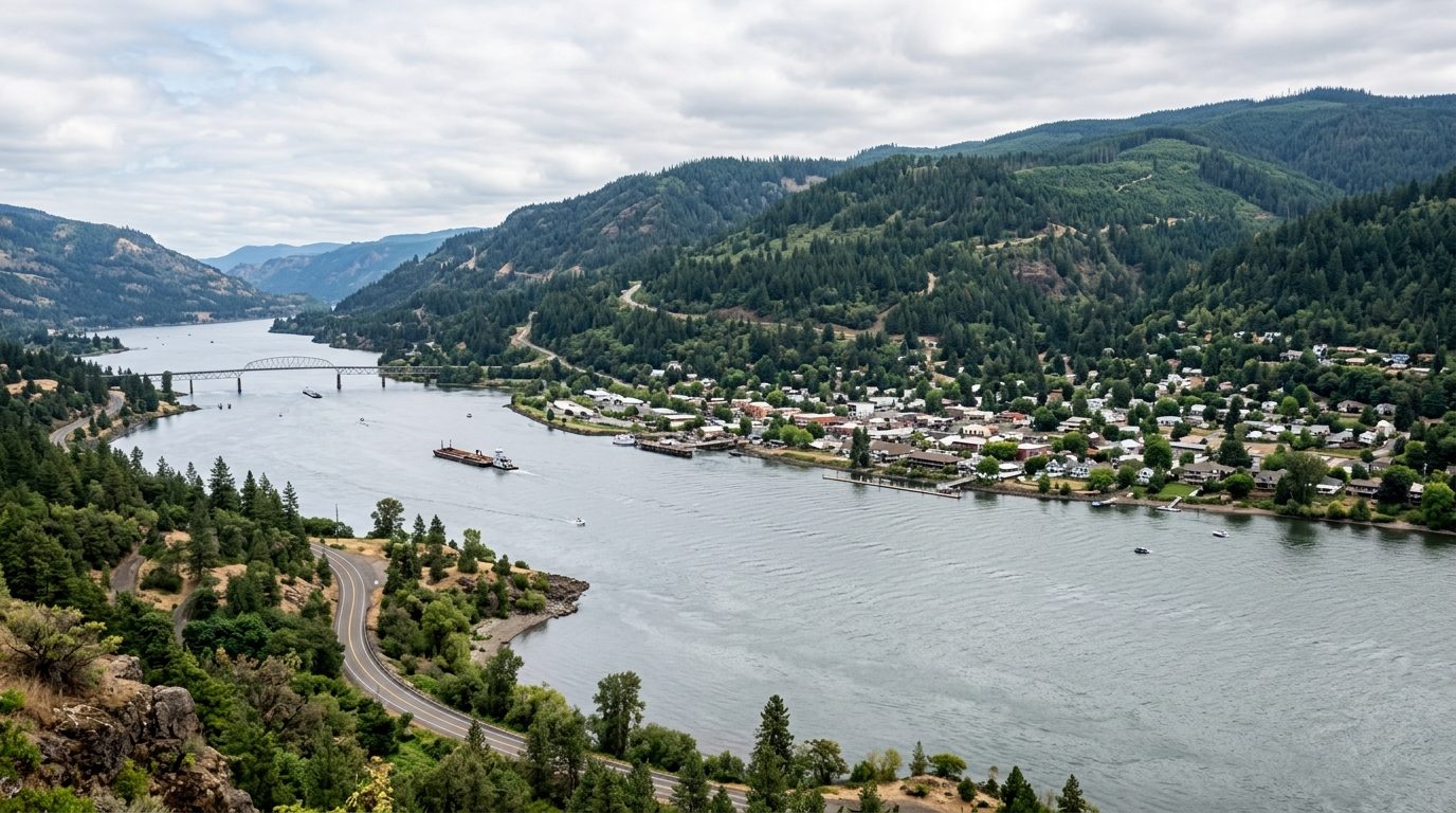 Longview, WA — Columbia River flowing past forested hillsides and a small Pacific Northwest riverside town under a soft