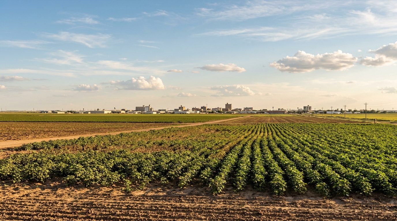 Lubbock, TX — Flat West Texas high plains farmland and cotton fields stretching to the horizon under a big open sky, with a