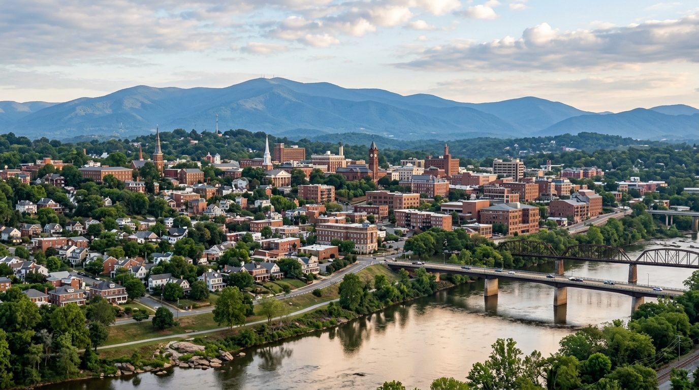 Lynchburg, VA — Lynchburg, Virginia skyline and hillside neighborhoods along the James River with the Blue Ridge Mountains