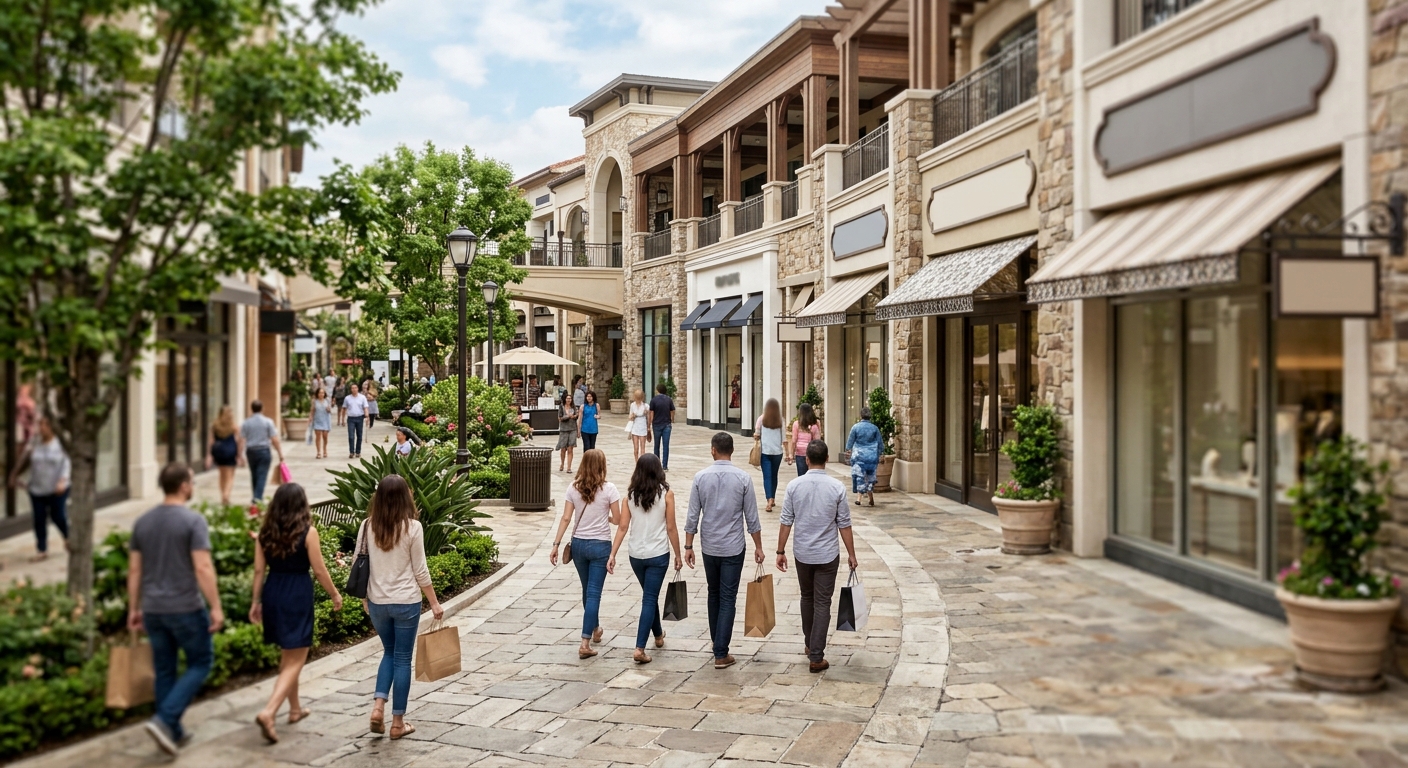 Exterior view of an upscale open-air shopping mall with storefronts and walkways in daylight