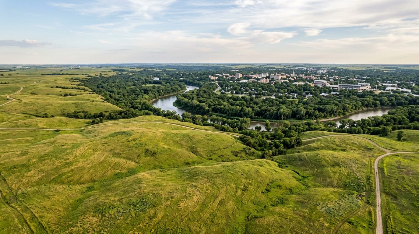 Manhattan, KS — Rolling tallgrass prairie meeting a river valley, with a winding tree-lined river and a small college-town