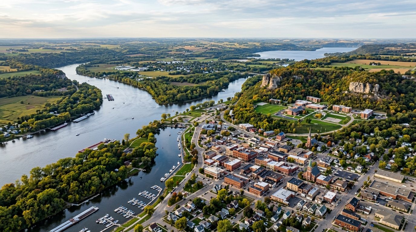 Mankato, MN — Minnesota river valley city at the confluence of two rivers, with limestone bluffs, a wooded riverfront, a