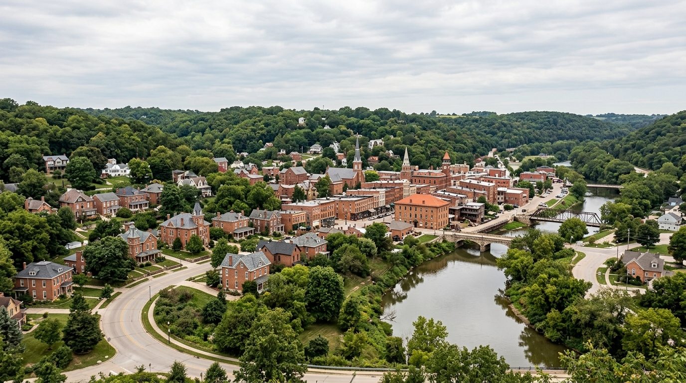 Mansfield, OH — Rolling wooded hills and a small Midwestern river valley dotted with brick Victorian-era houses and a