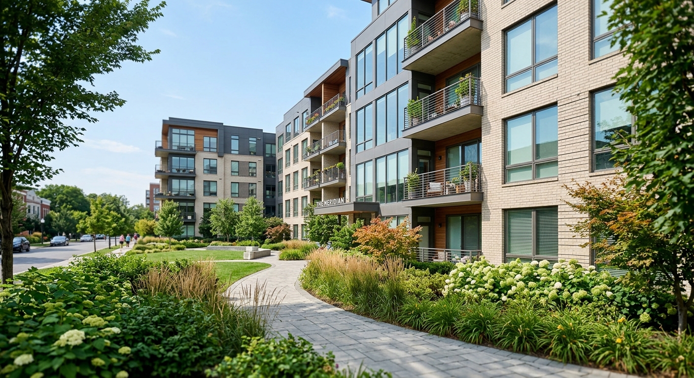 A modern apartment building complex exterior with landscaping, photographed in daylight.