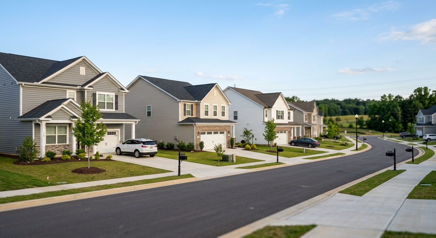 Newly completed suburban homes in a fresh American subdivision.