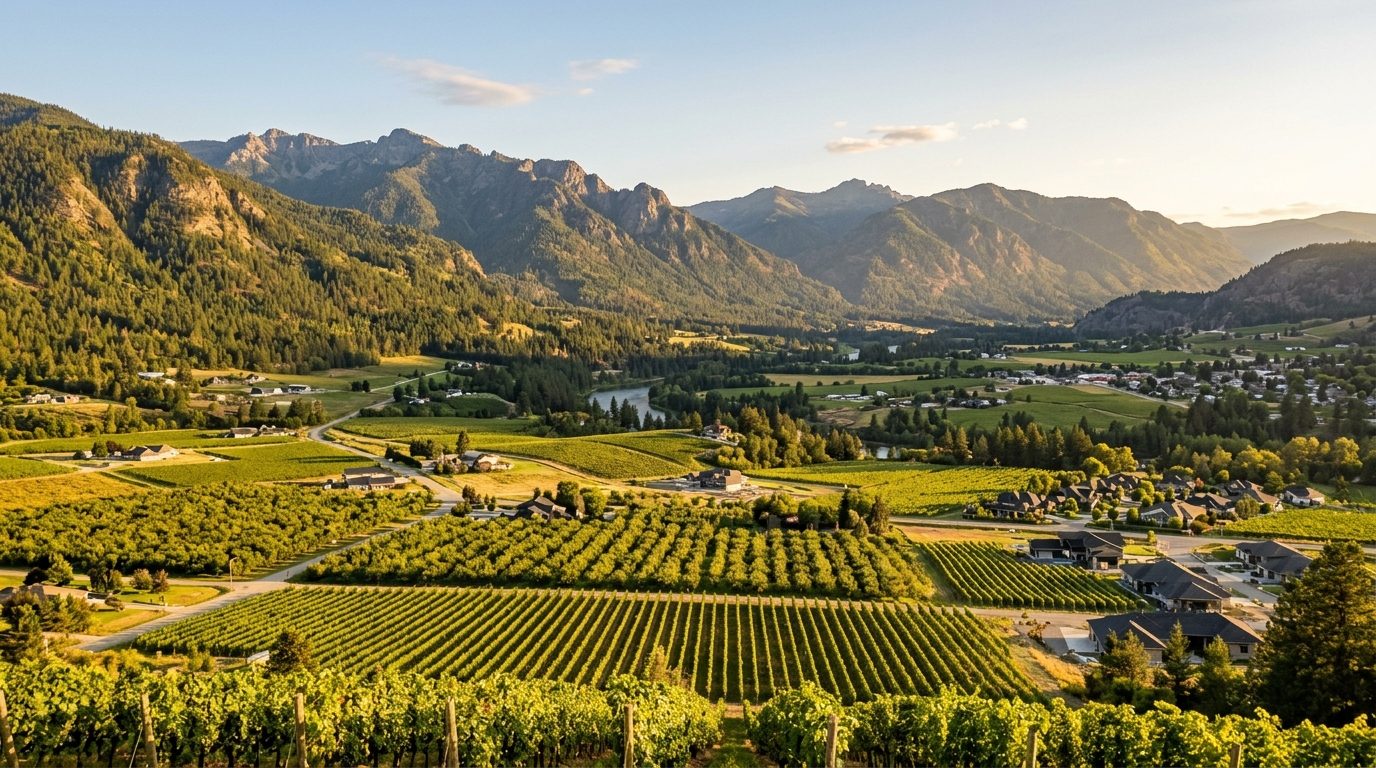 Medford, OR — Mountain-ringed valley at with orchard rows and vineyards in the foreground and forested peaks rising in the