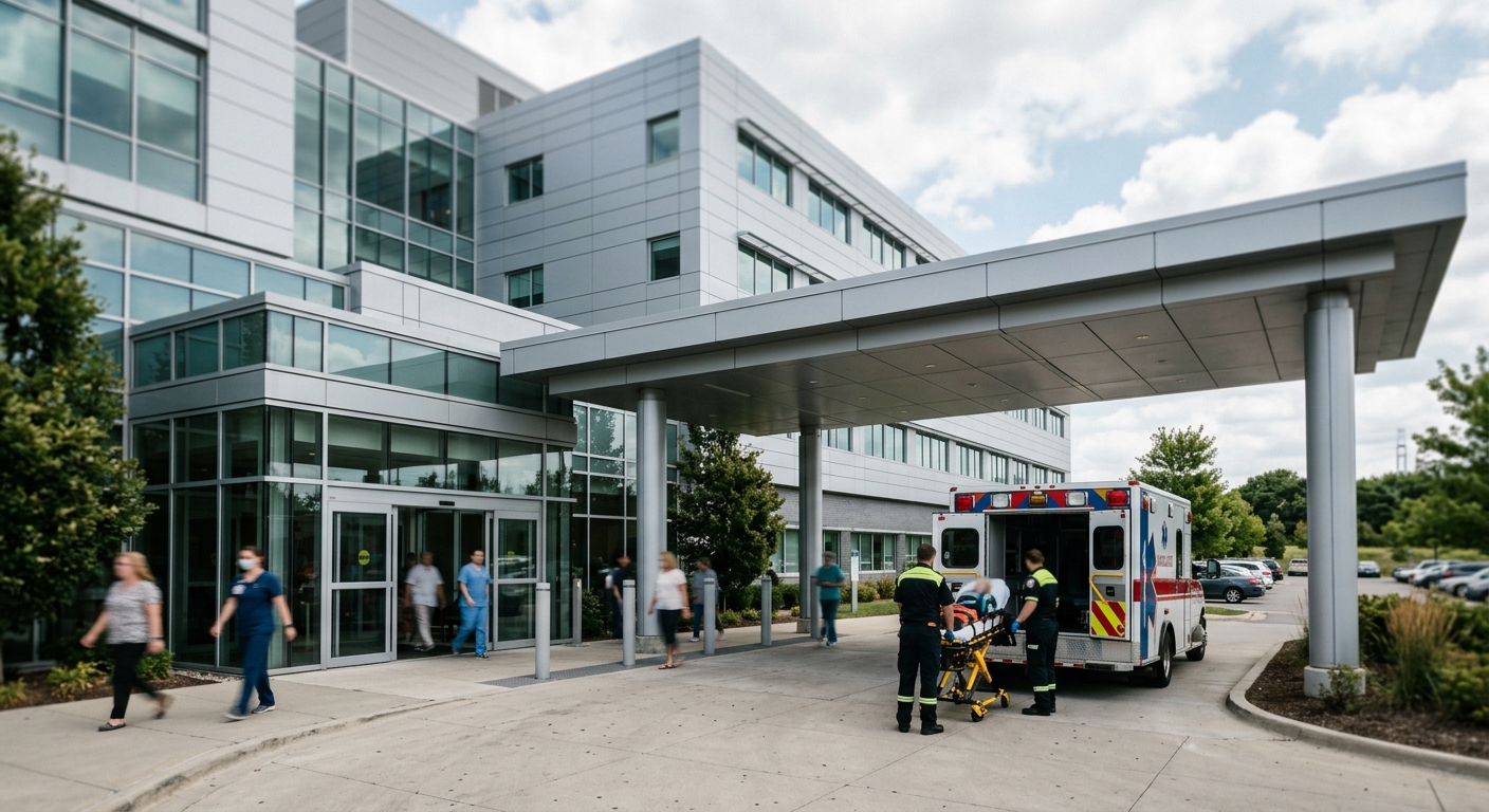 Exterior of a modern hospital building with a covered entrance.