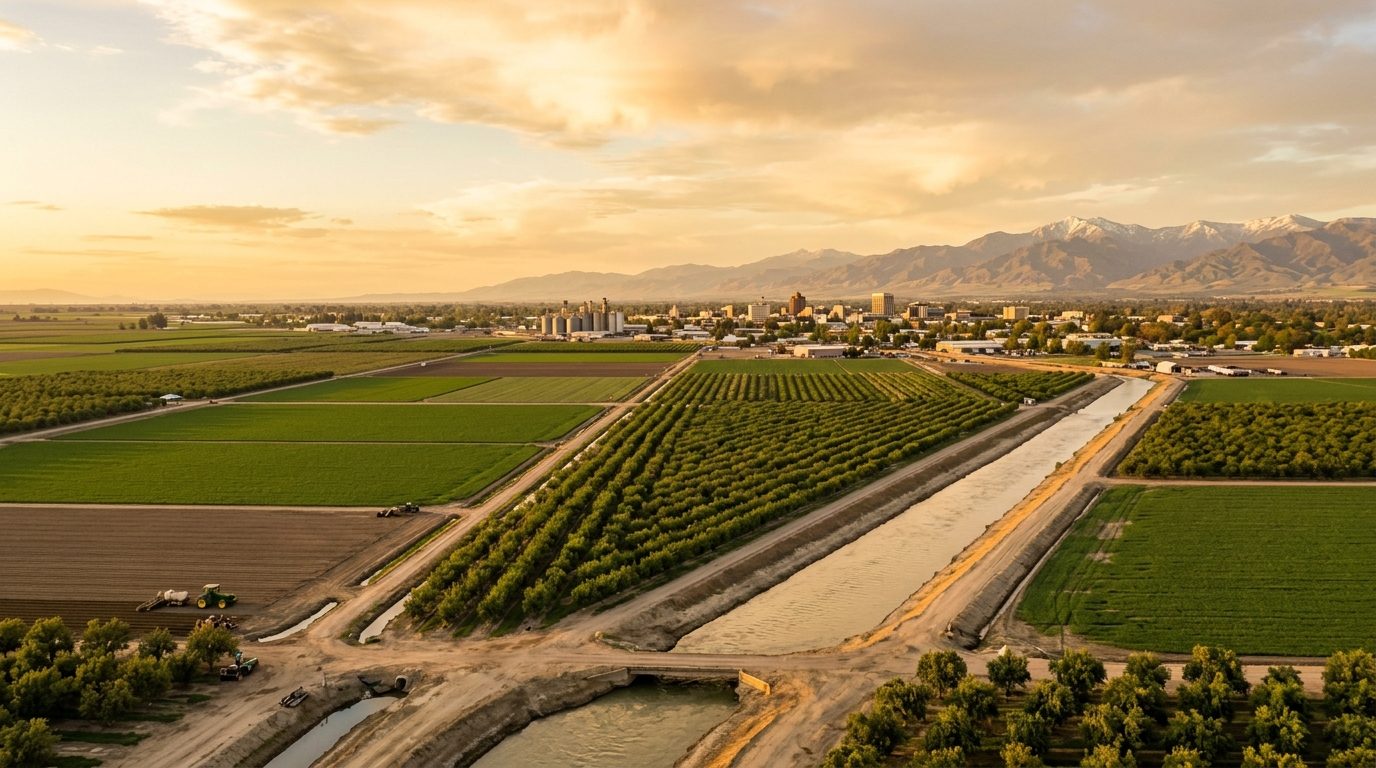 Merced, CA — Flat San Joaquin Valley farmland with irrigation canals and orchard rows leading toward a small Central