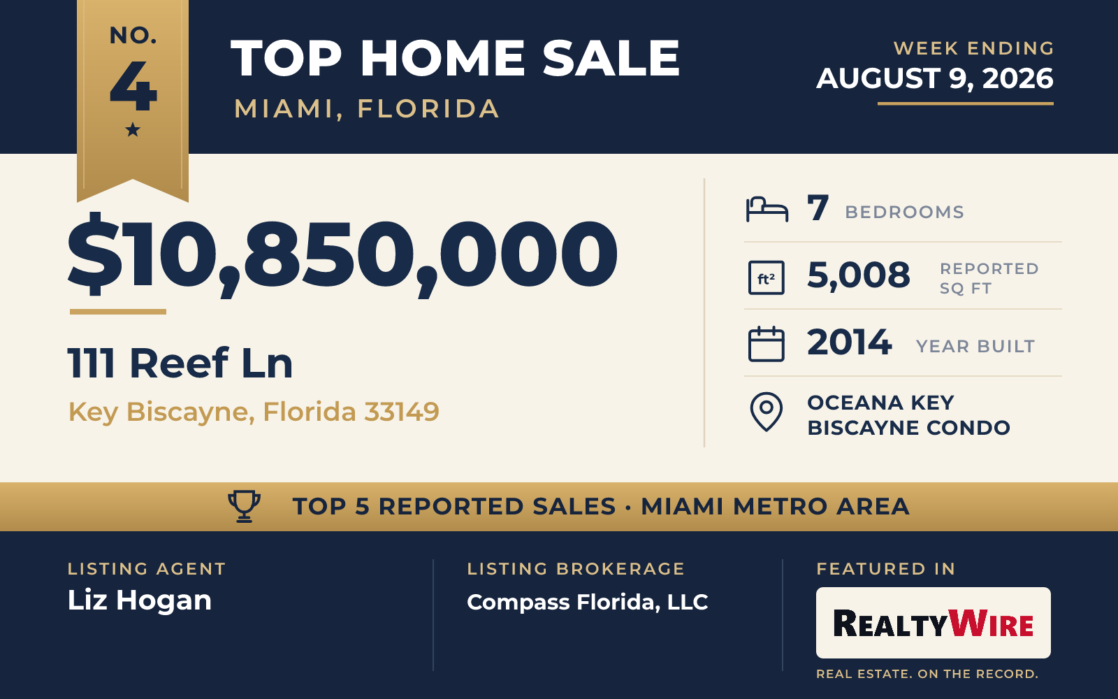 Top home sale No. 4 in the Miami, Florida metro area β 111 Reef Ln, Key Biscayne, Florida, week ending August 9, 2026