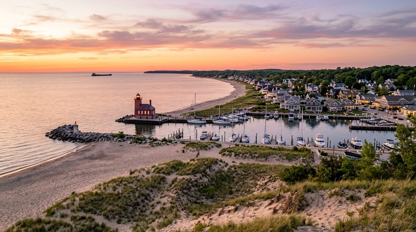 Michigan City, IN — Lake Michigan shoreline town with sand dunes, a lighthouse, a small harbor, and lakefront homes along the