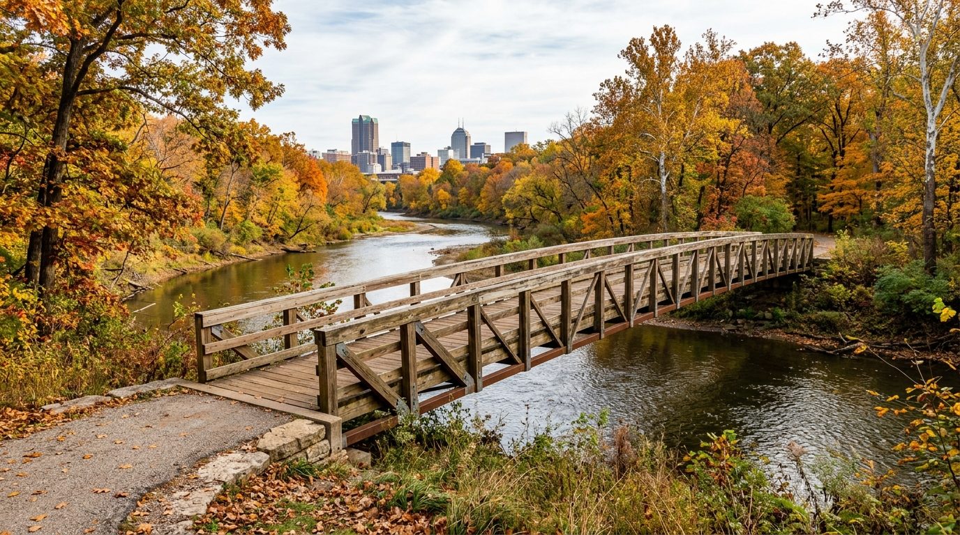 Midland, MI — Wooden pedestrian bridge over a river confluence in a Midwestern city park, surrounded by mature trees in