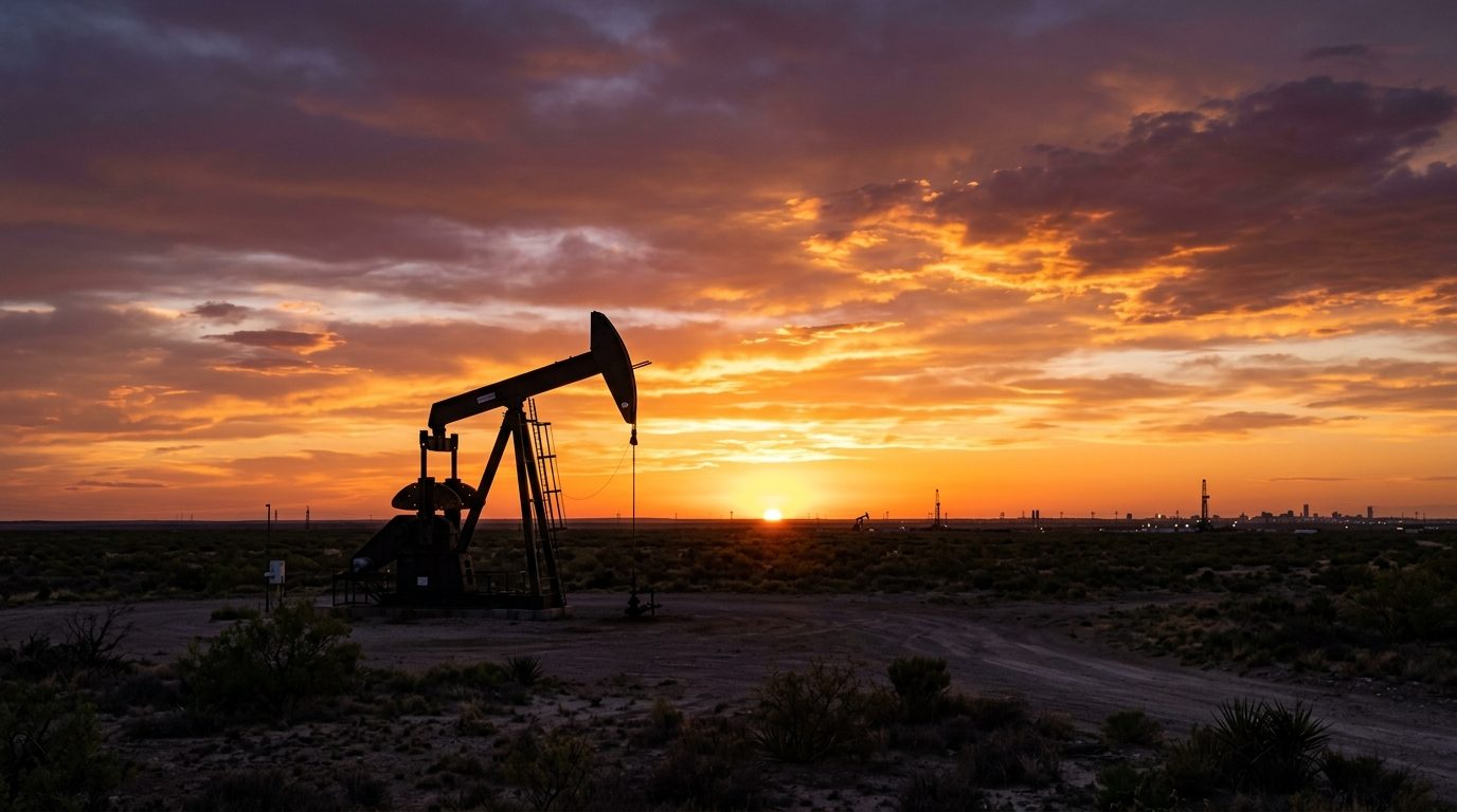 Midland, TX — West Texas oil pumpjack silhouetted against flat plains and a big sky at sunset near Midland, Texas, with no