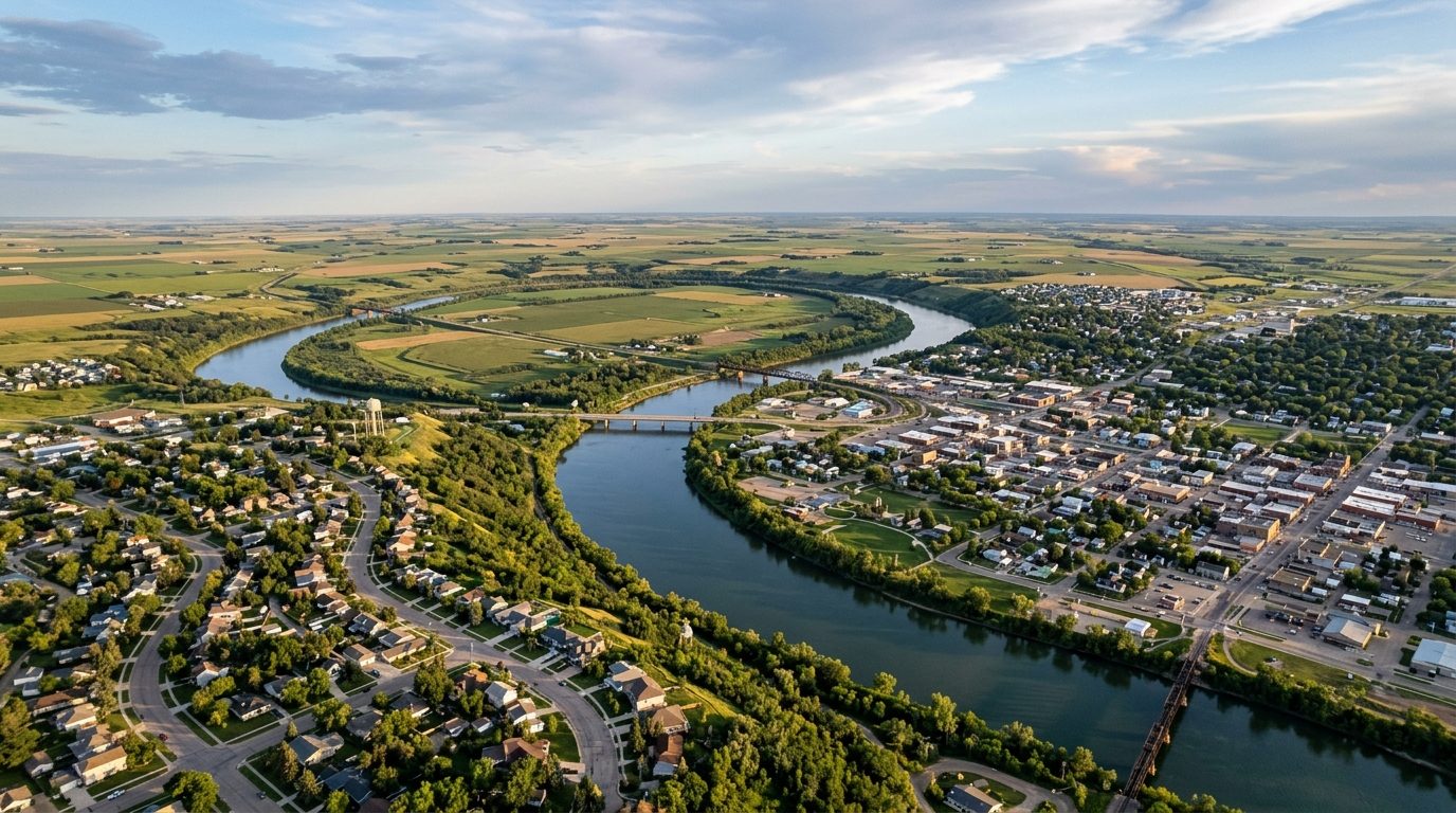 Minot, ND — Small northern-plains river city with a looping river valley dividing a hillside residential district from