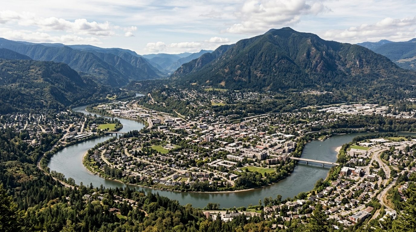 Missoula, MT — Mountain-ringed river valley city at the confluence of several forested valleys, with a broad river winding