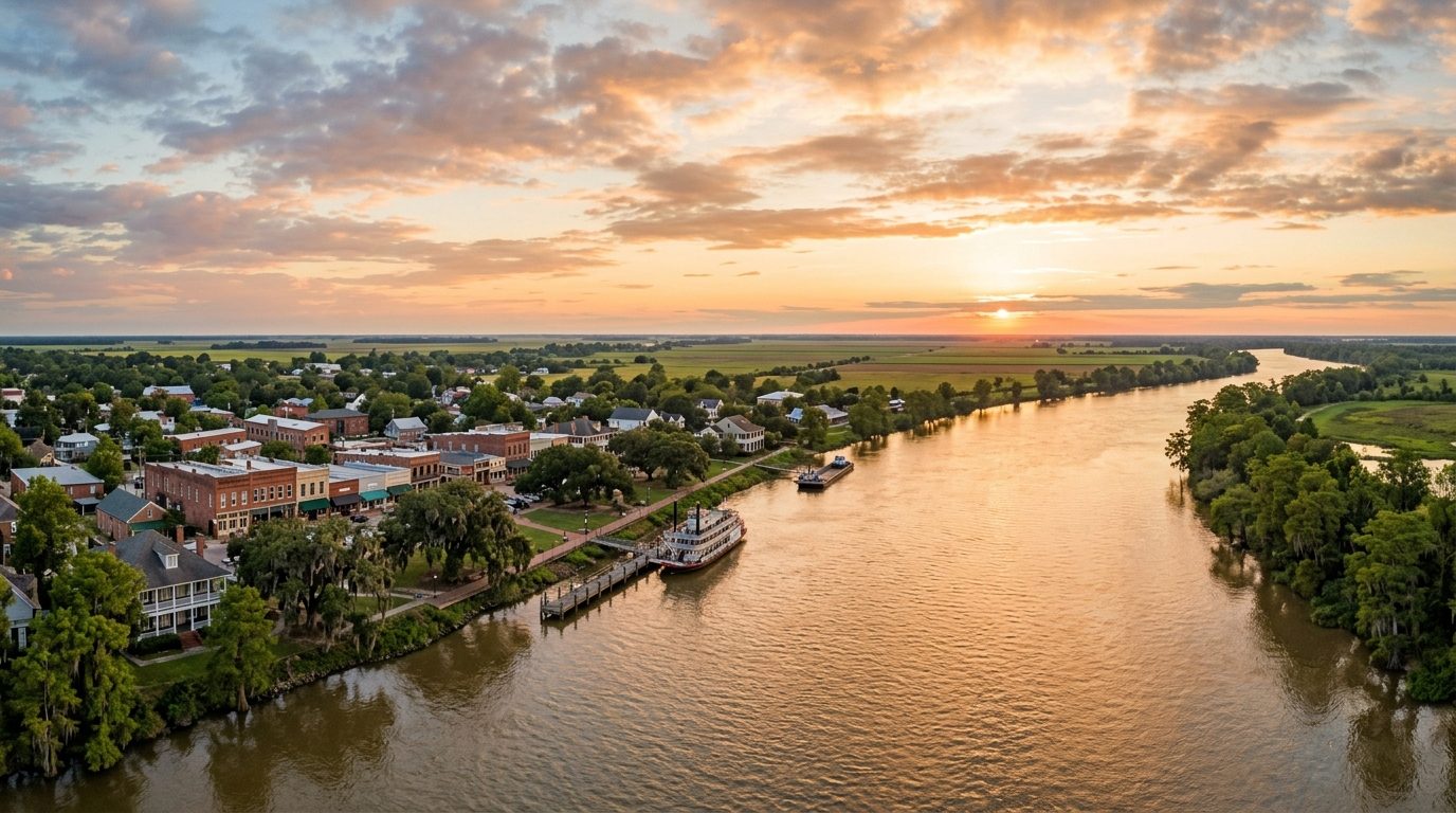 Monroe, LA — Southern river town at with a broad slow river reflecting light, mature live oaks along the banks, and flat