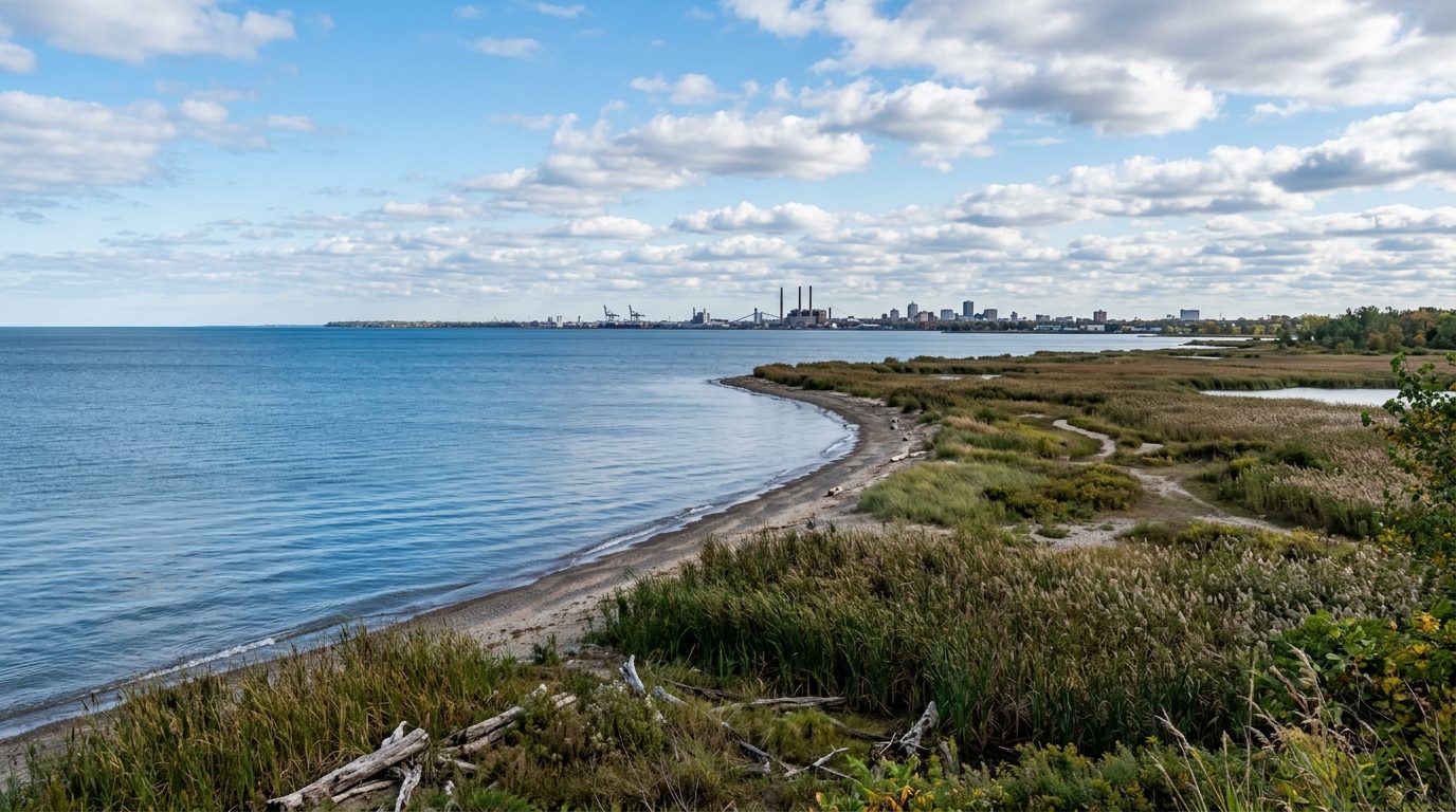 Monroe, MI — Landscape of the Lake Erie shoreline near Monroe, Michigan, showing calm blue water meeting a marshy,