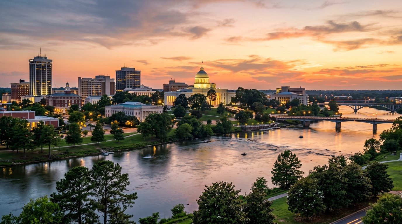 Montgomery, AL — Alabama State Capitol dome and downtown Montgomery skyline overlooking the Alabama River at with no text or