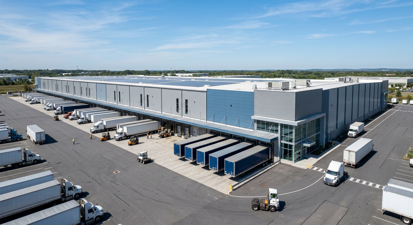 A modern industrial warehouse and distribution facility exterior under a clear sky.