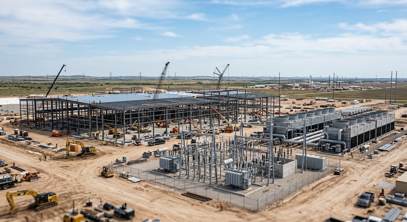 Large data center under construction on a rural Texas site with cooling and power infrastructure visible under daylight.