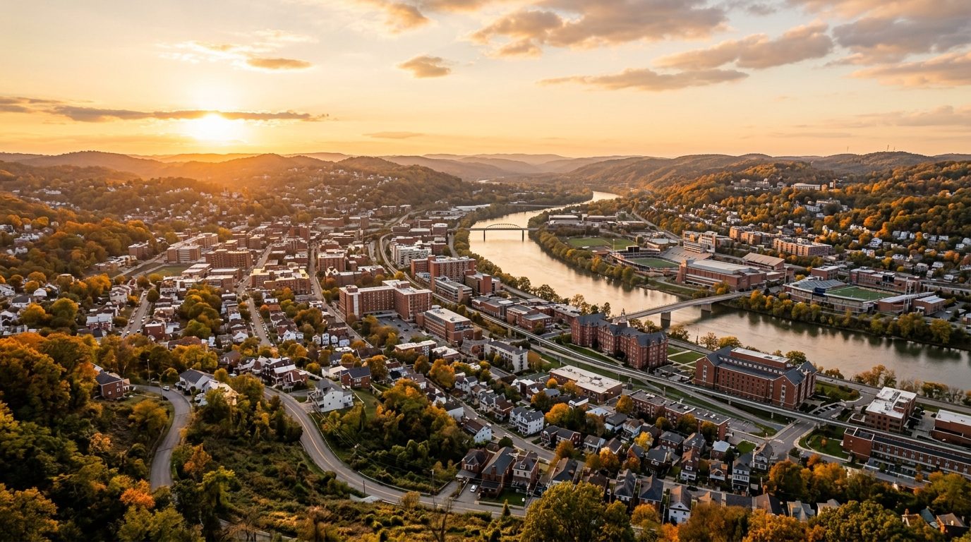 Morgantown, WV — Morgantown, West Virginia at showing hillside neighborhoods and a university campus overlooking the