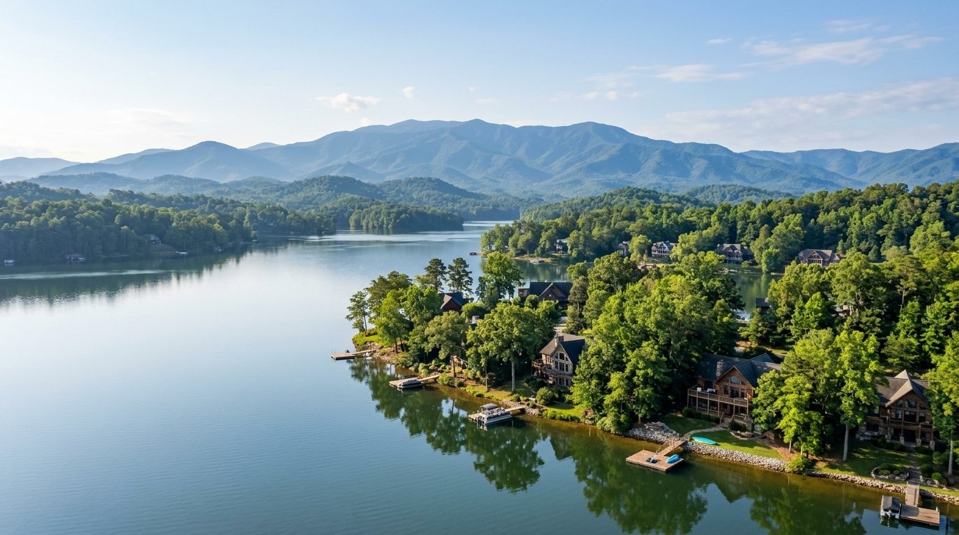 Morristown, TN — Calm Tennessee reservoir lined with wooded shoreline and scattered lake homes, with the layered ridges of the