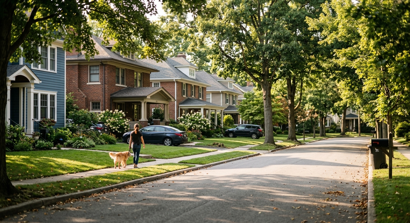 A suburban street of single-family homes on a late summer afternoon.