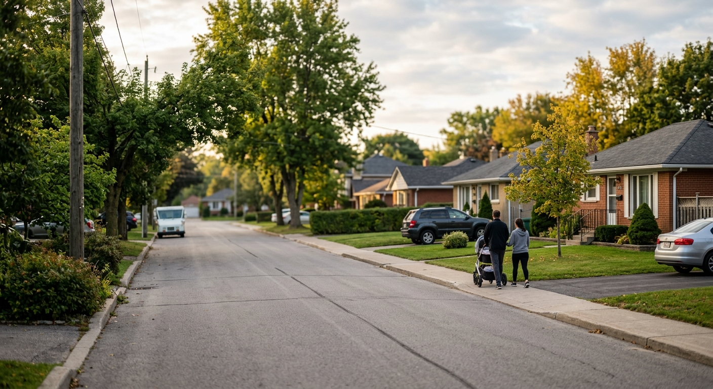 A quiet suburban street of single-family homes in soft morning light.