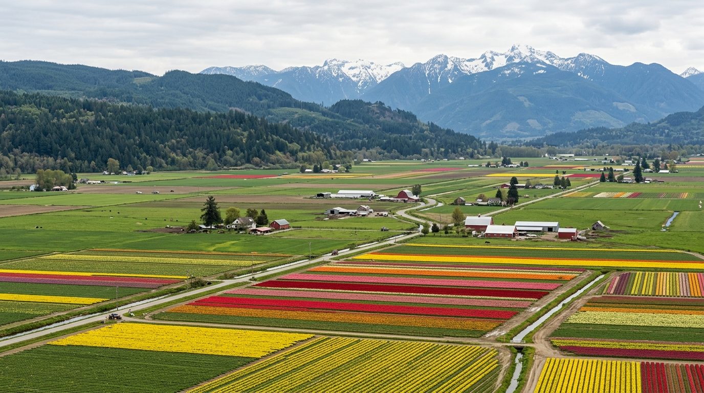 Mount Vernon, WA — Skagit Valley's patchwork farmland and colorful bulb fields stretching toward forested foothills and the