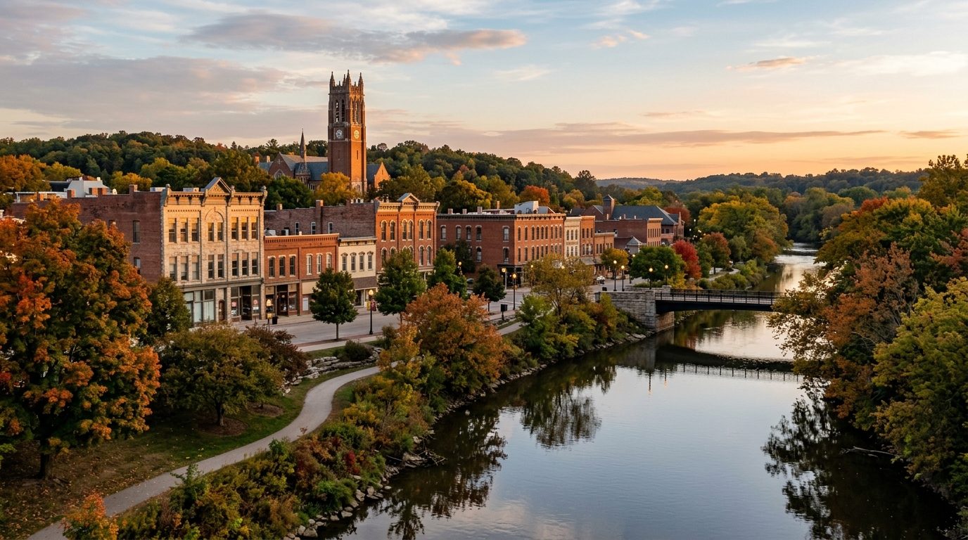 Muncie, IN — Small Midwestern college town at with a tree-lined river, a historic brick downtown, and a university clock