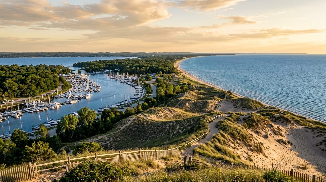 Muskegon, MI — View from a Lake Michigan dune overlook: sweeping sandy shoreline and blue lake water to the horizon, low