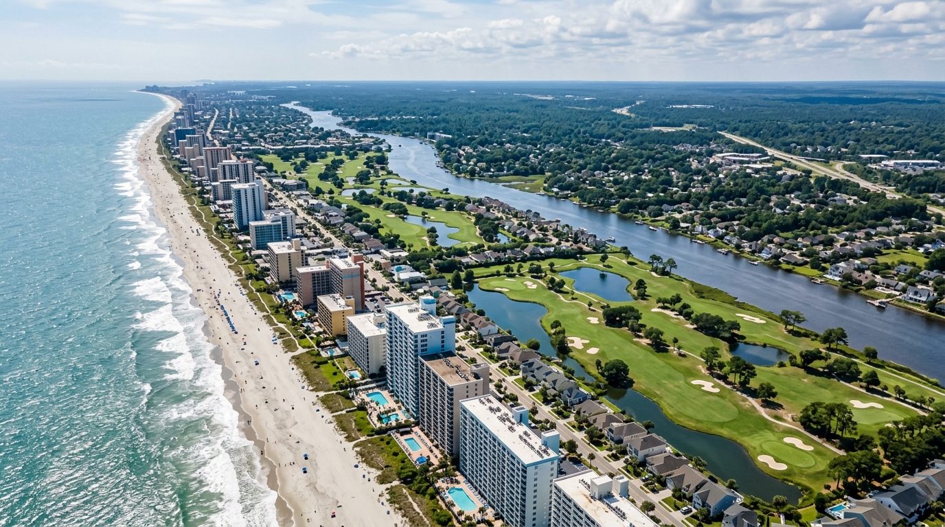 Myrtle Beach, SC — Myrtle Beach coastline showing sandy beach, breaking waves, oceanfront high-rise buildings, and the