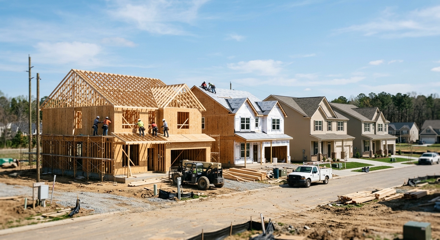 Newly built suburban houses in various stages of construction in an American subdivision.