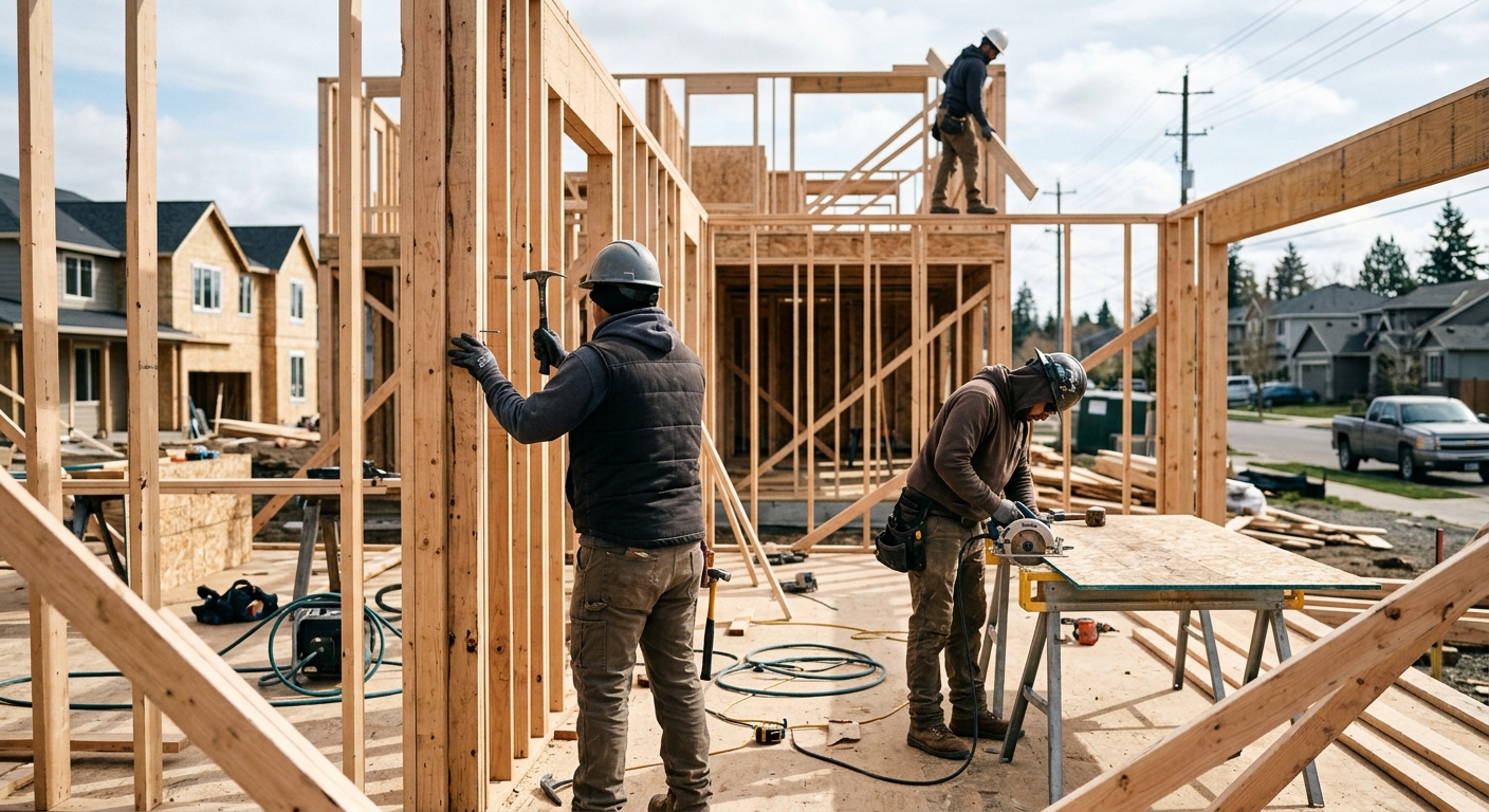 Construction workers framing a single-family home at a suburban job site.