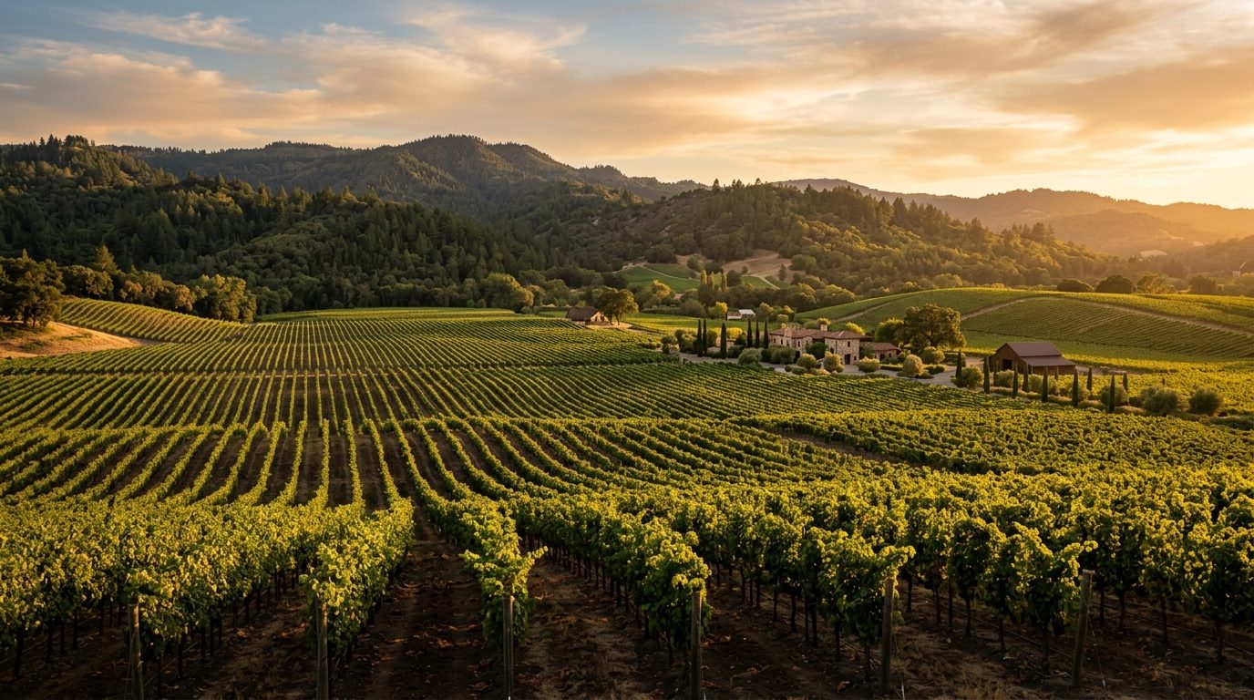 Napa, CA — Rolling Napa Valley vineyard rows at with forested hills rising in the background and no visible text or