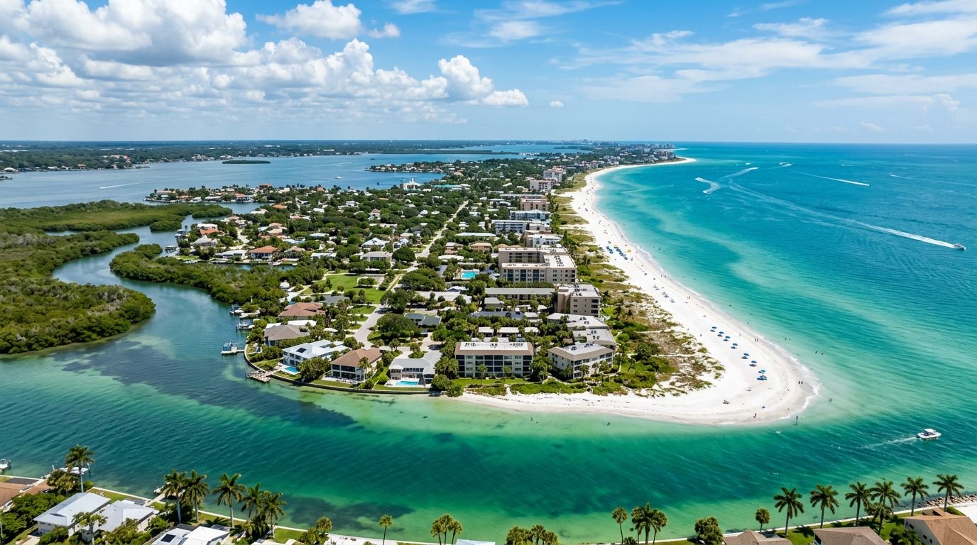 Naples, FL — Gulf Coast shoreline with white sand beaches, turquoise water, mangrove-lined estuaries, and low-rise coastal