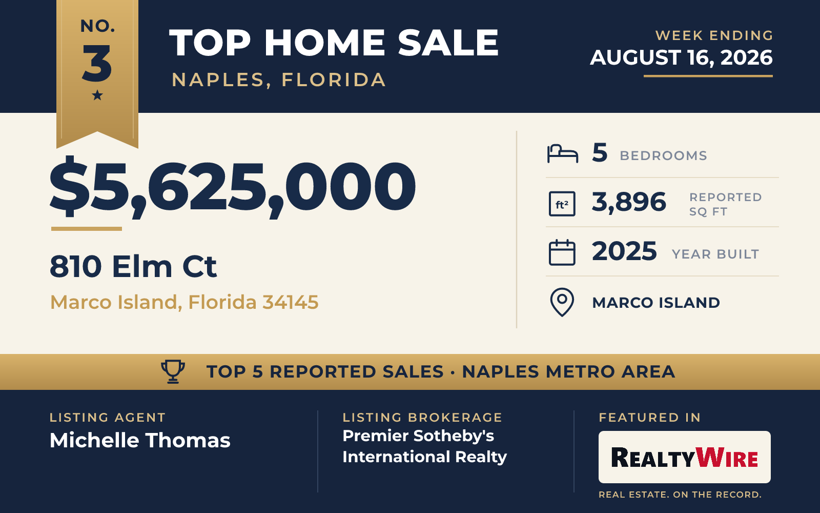 Top home sale No. 3 in the Naples, Florida metro area — 810 Elm Ct, Marco Island, Florida, week ending August 16, 2026