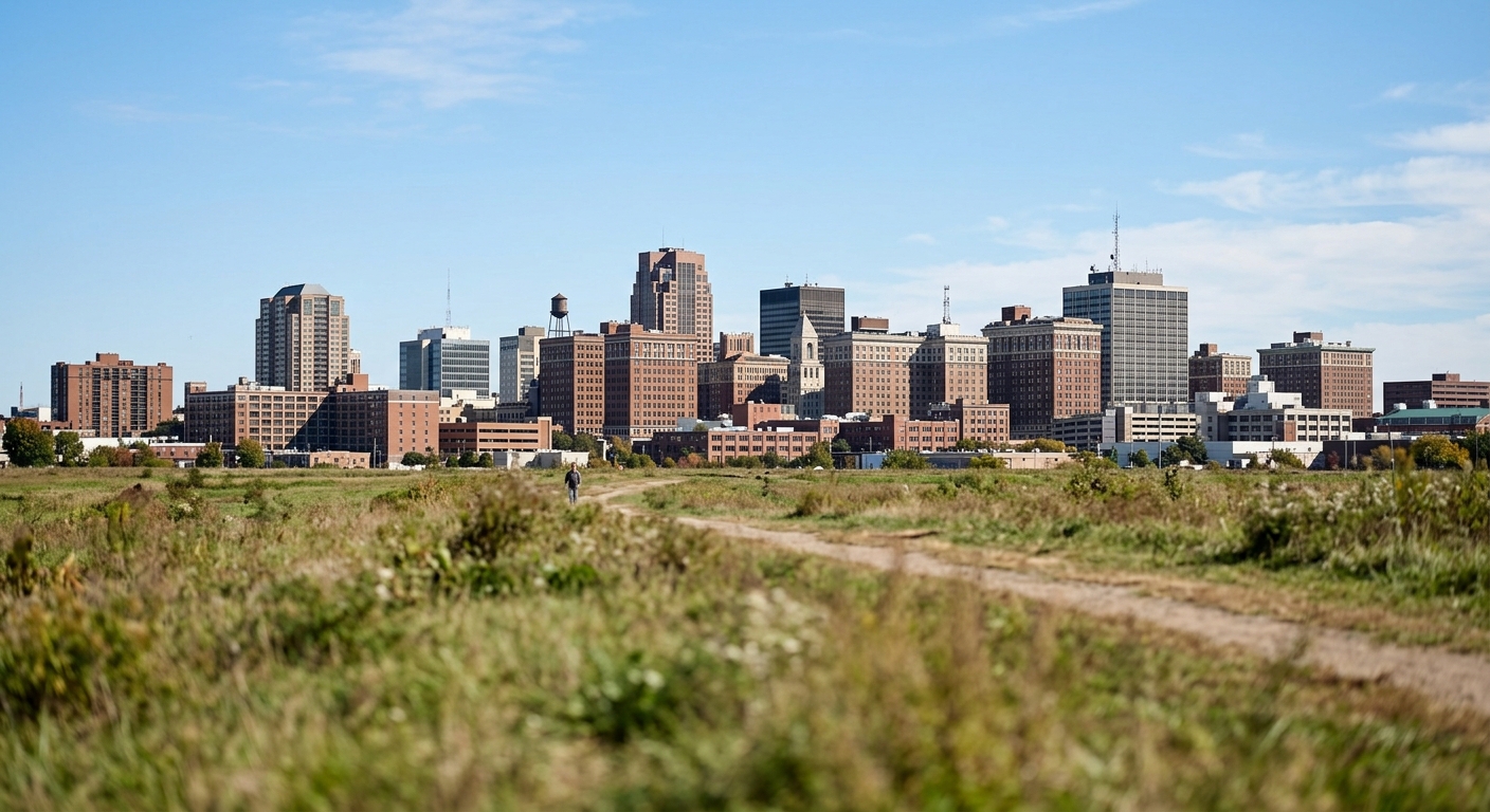 A mid-size U.S. city skyline of commercial buildings on a clear day.