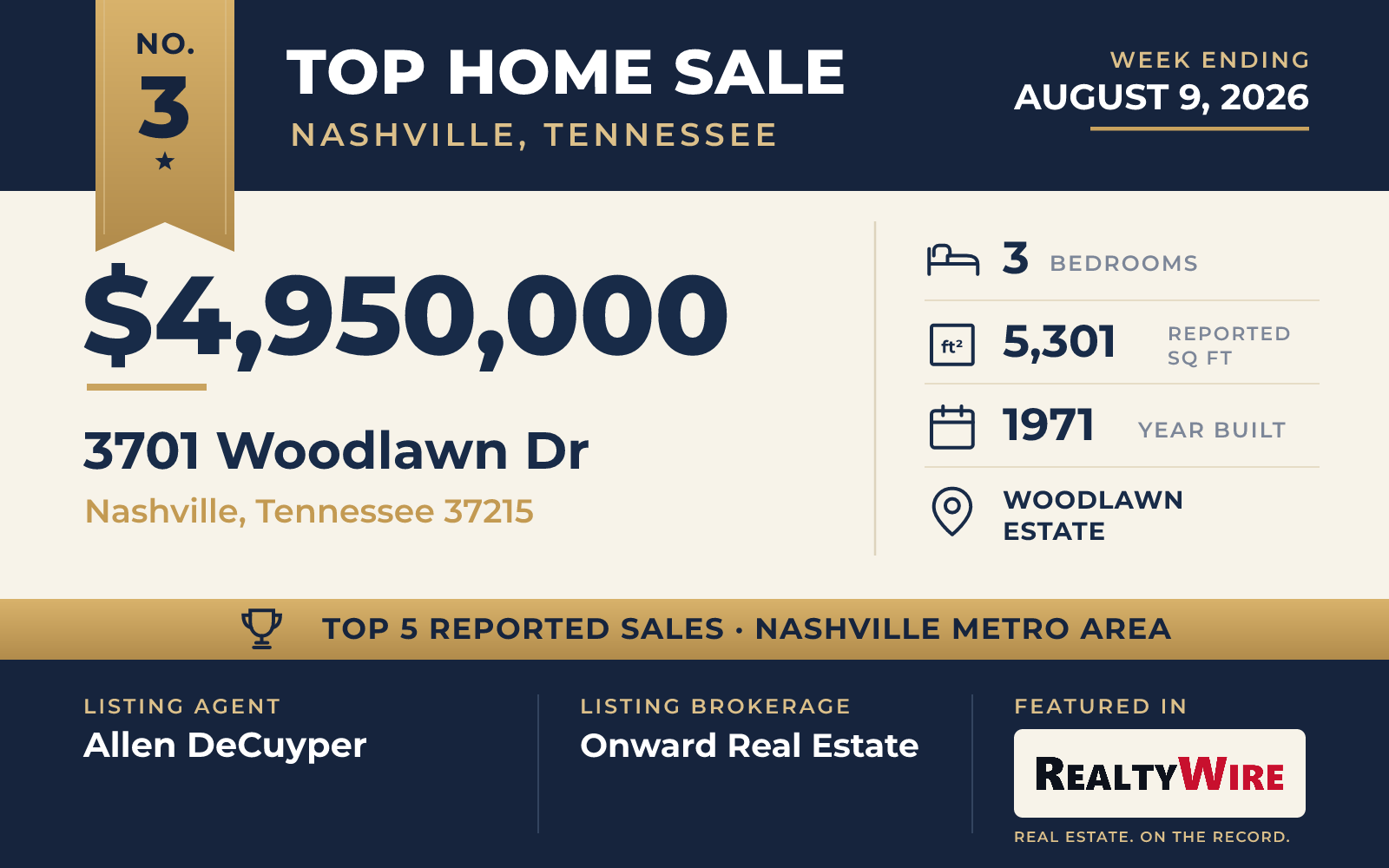 Top home sale No. 3 in the Nashville, Tennessee metro area — 3701 Woodlawn Dr, Nashville, Tennessee, week ending August 9, 2026