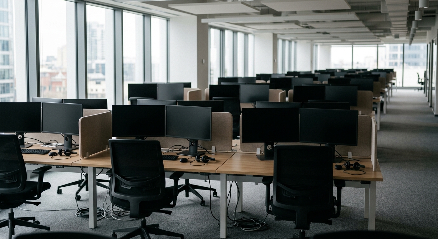 A modern open-plan customer service office with desks and headsets.
