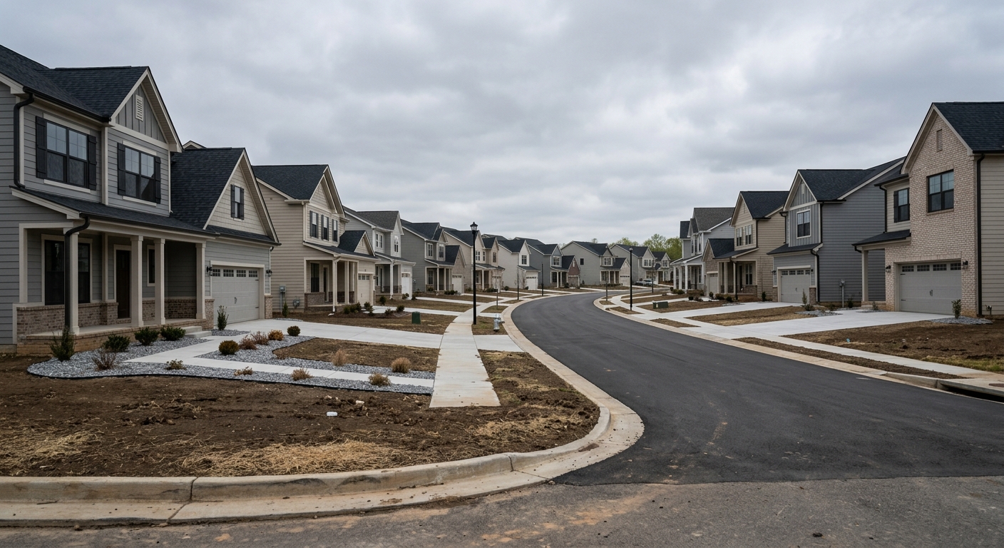 A street of newly built single-family houses with unlandscaped front yards in a recently completed suburban subdivision.