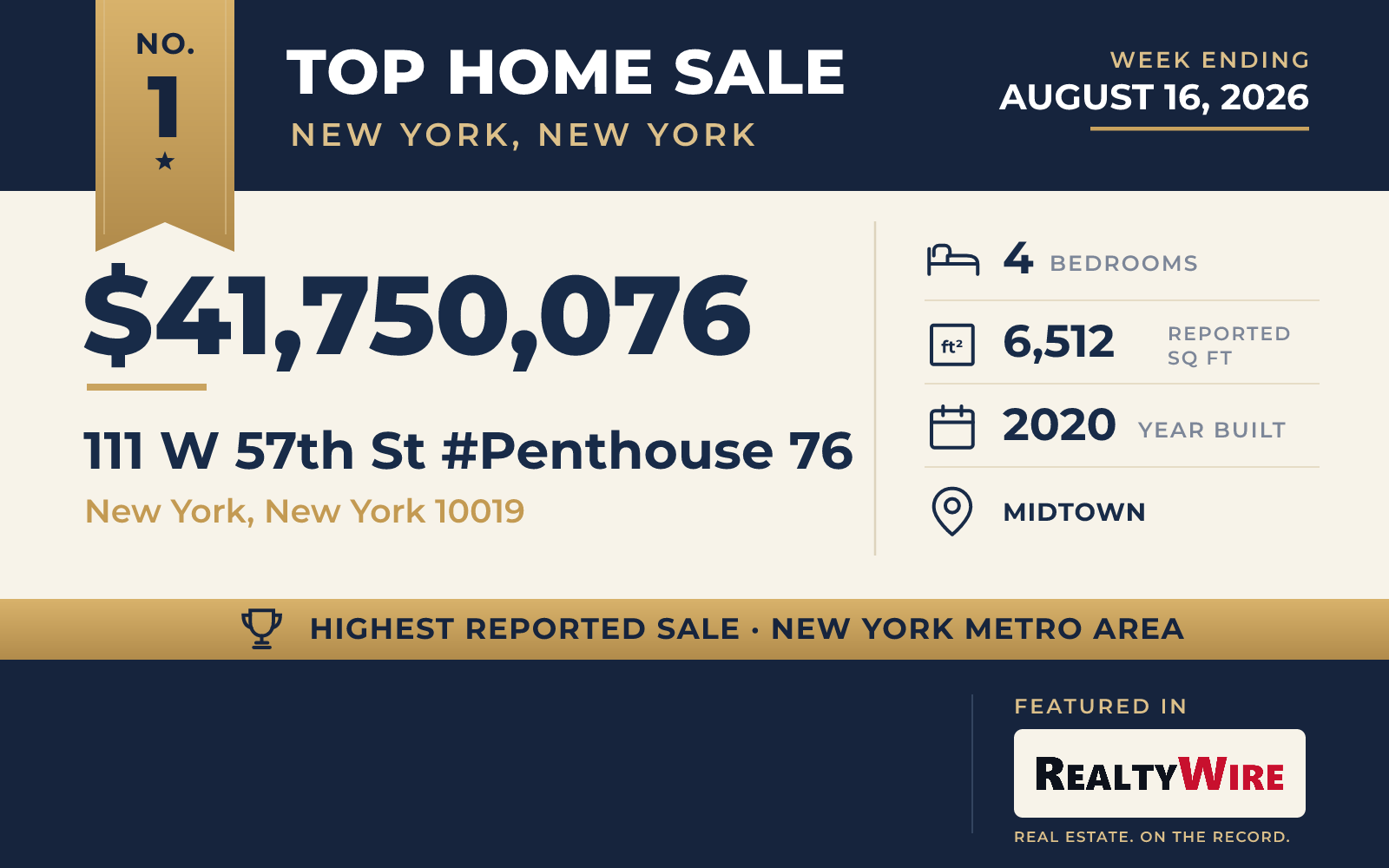 Top home sale No. 1 in the New York, New York metro area — 111 W 57th St #Penthouse 76, New York, New York, week ending August 16, 2026