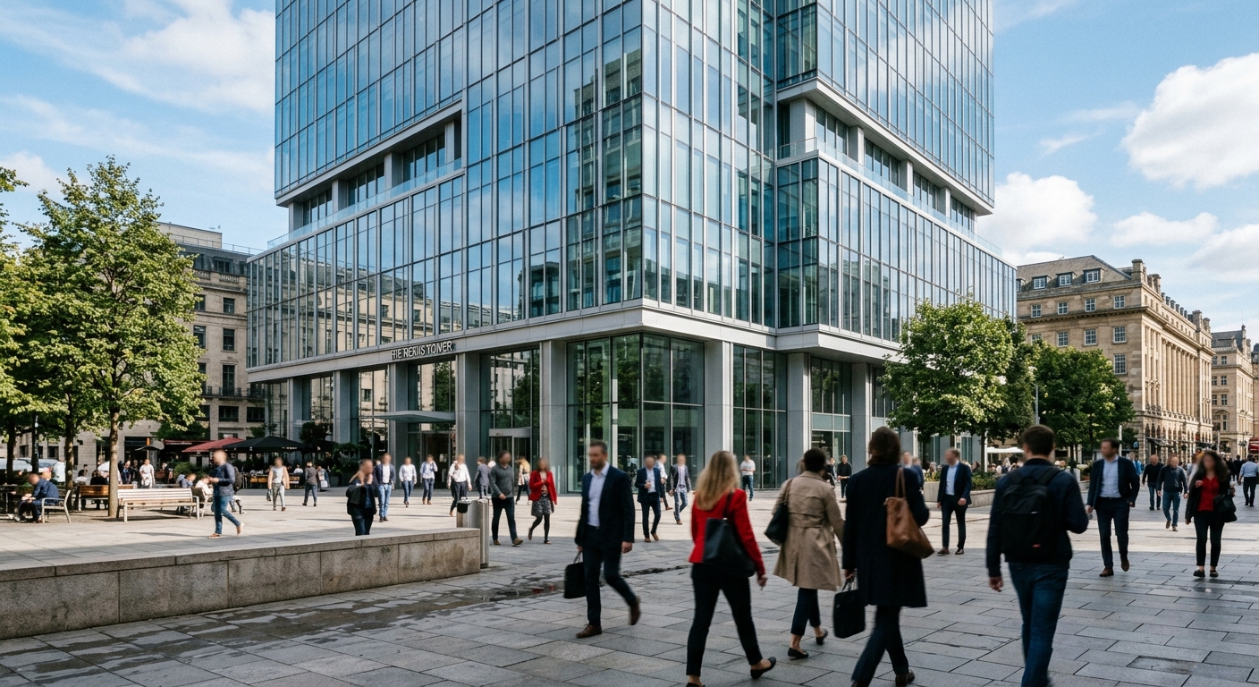 A modern European office building exterior, representing Newmark's expanding valuation and advisory business in Germany.