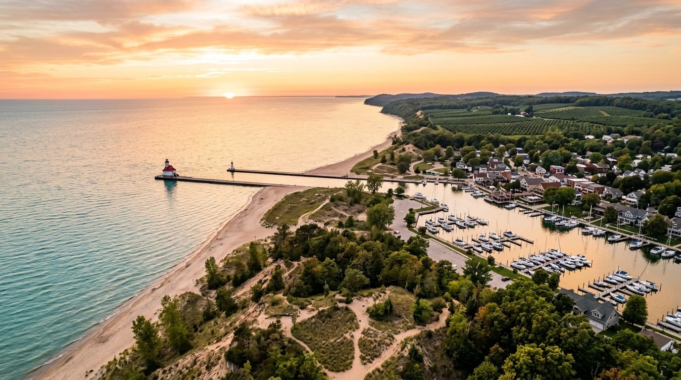 Niles, MI — Lake Michigan bluff-top shoreline at showing a lighthouse pier, sandy beach, wooded dunes, a small historic