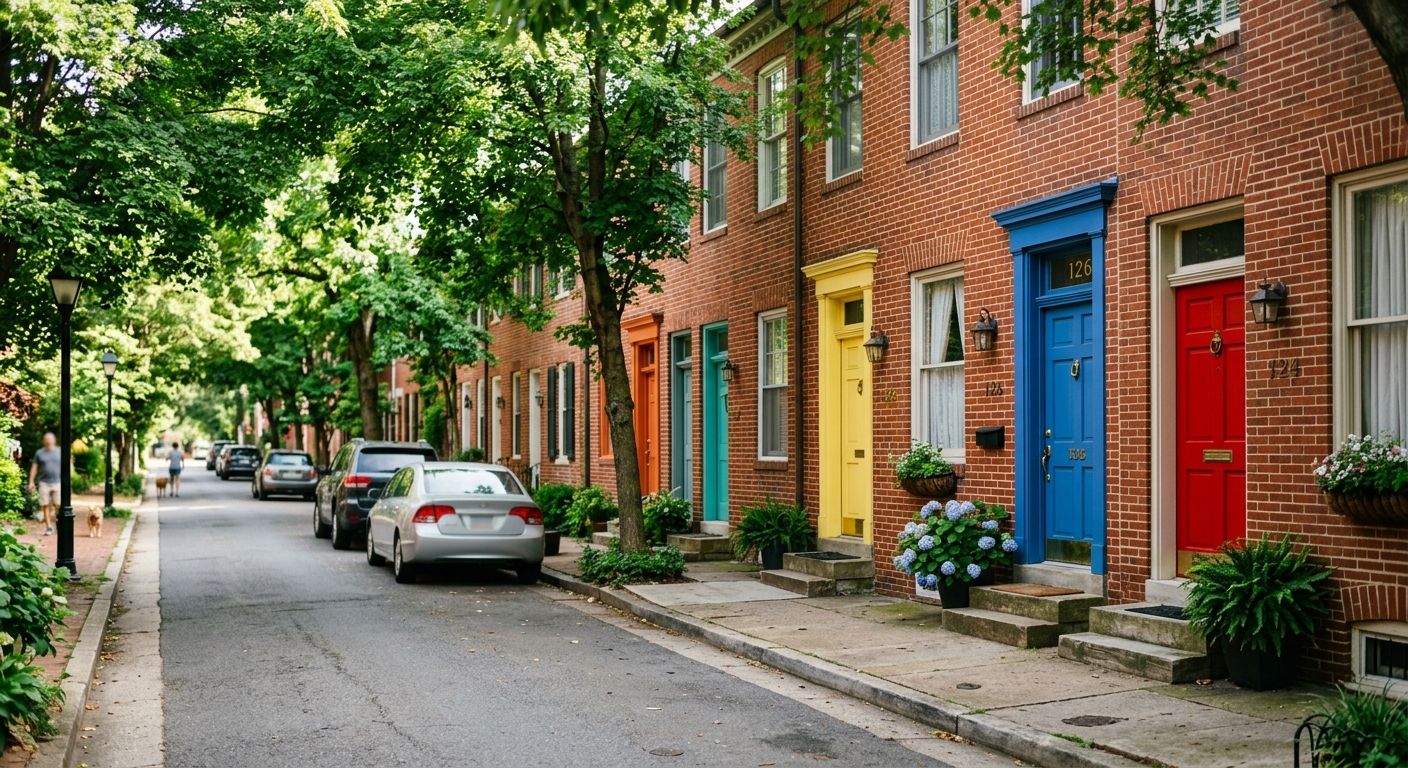 A row of brick townhouses with painted doors on a tree-lined street in a Northern Virginia suburb.