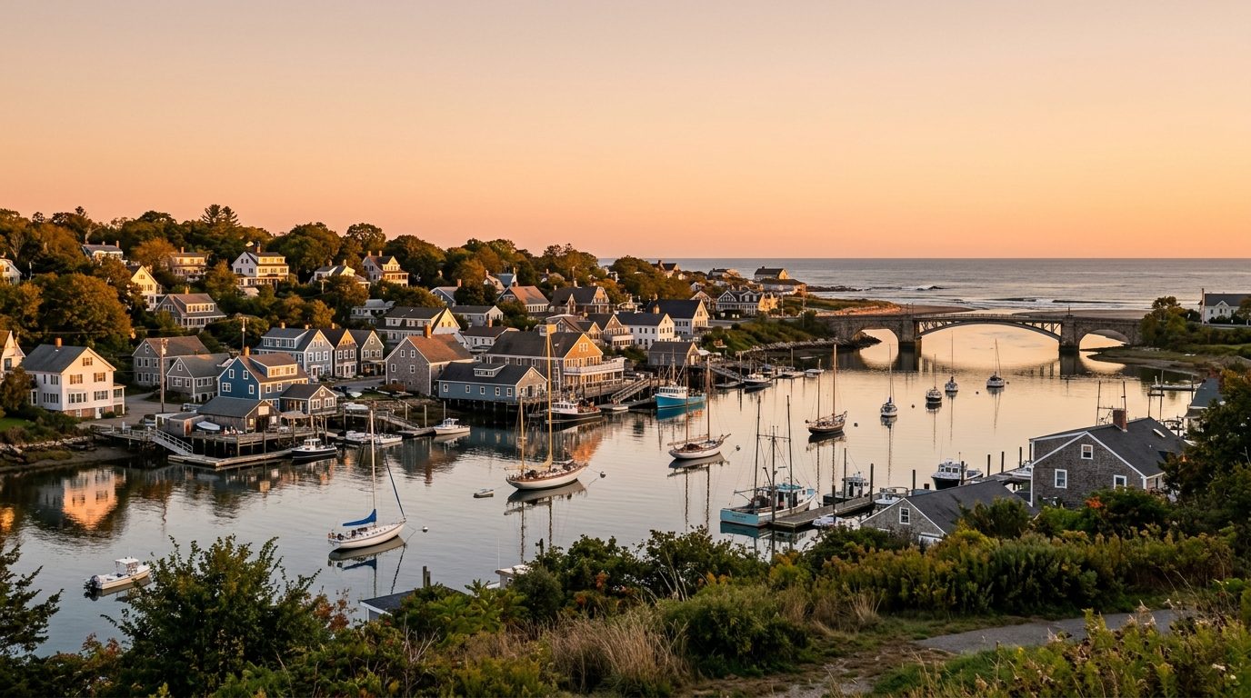 Norwich, CT — New England coastal harbor town at showing a tidal river mouth, historic clapboard houses on a hillside,