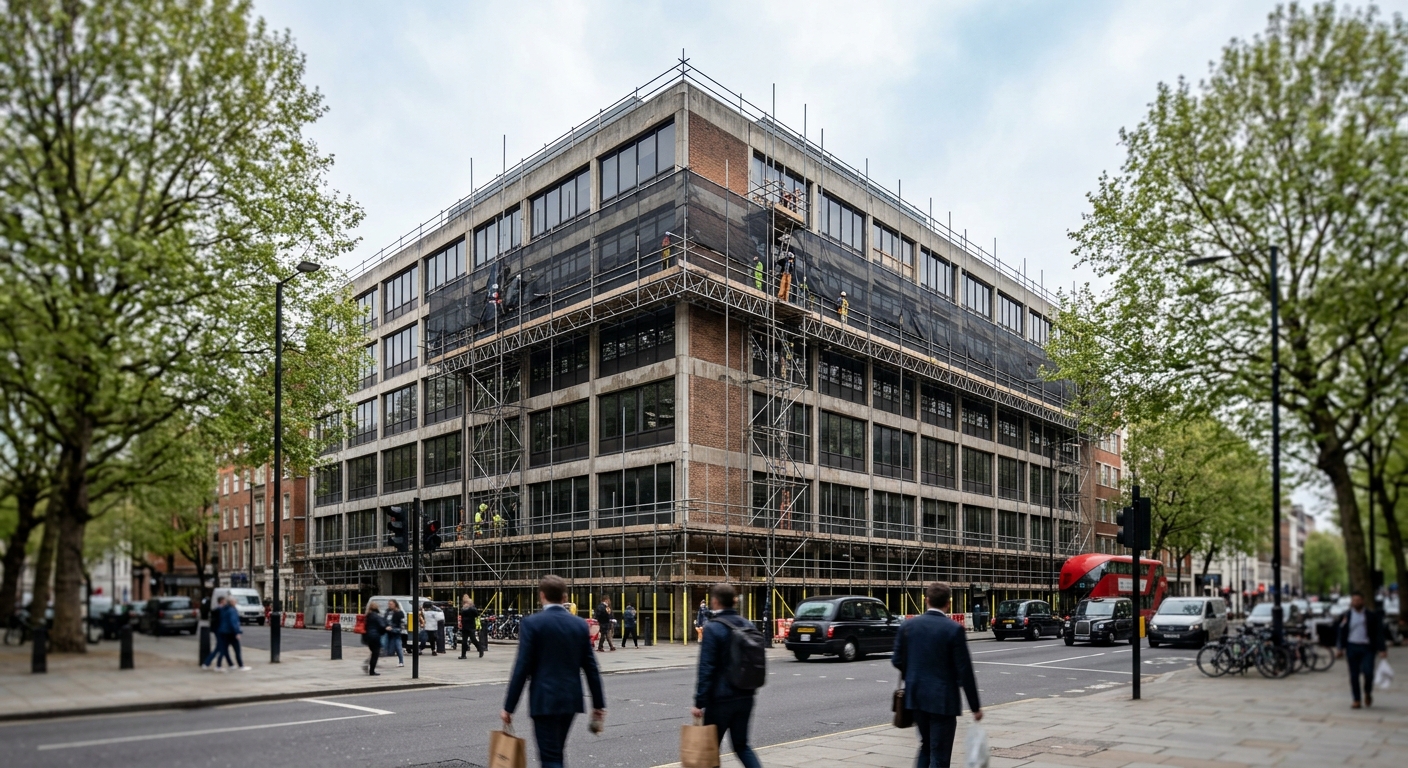 A multi-story office building wrapped in scaffolding during renovation on a tree-lined urban avenue.