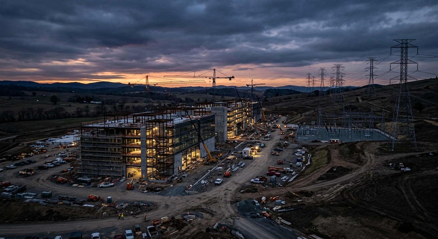 A large data center campus under construction in a rural setting with transmission towers in the background at dusk.